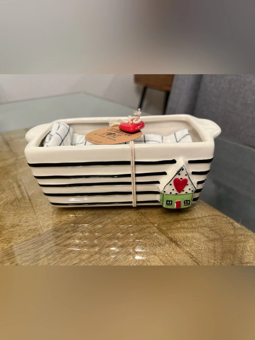 Demdaco Striped Ceramic Loaf Pan with Heart House Accent